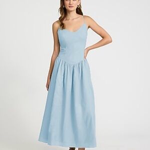 NWT Express Light Blue Linen Blend Drop Waist Dress ~ Pockets!